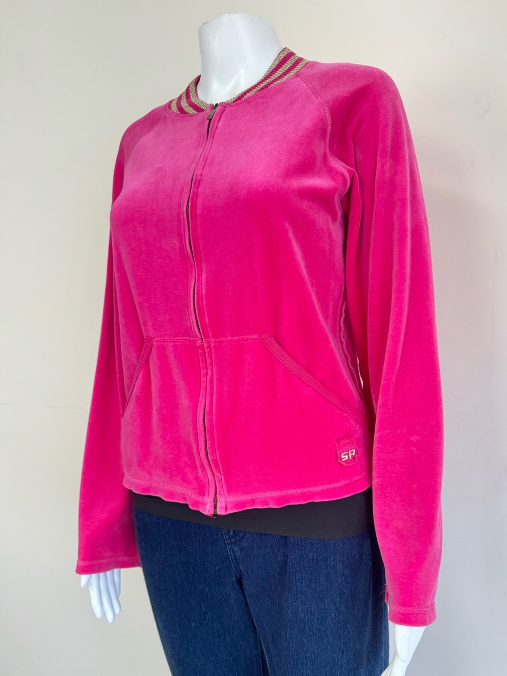 Sonia Rykiel Pink Velour Velvet Zip Jacket Gold Stripe Collar Y2K 90s Athletic - Picture 4 of 14